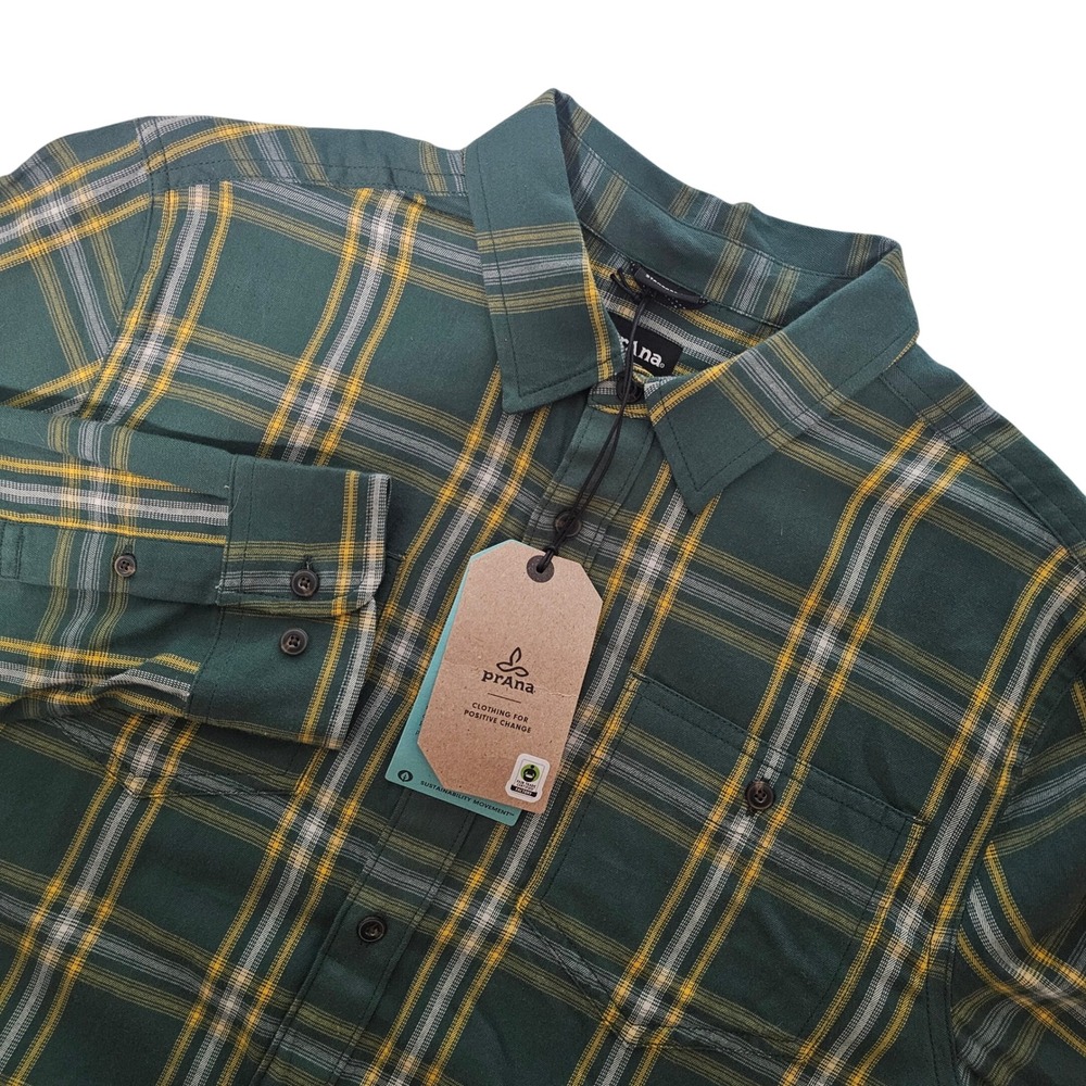 Prana Dolberg Flannel Shirt Mens Small Green‎ Yellow Plaid Organic Cotton NWT